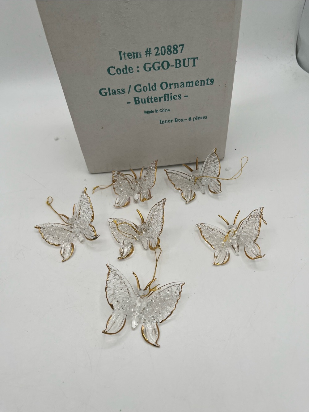 Clear Glass Butterfly Ornaments with Gold Trim set of 6